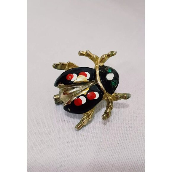 Ladybug Scatter Pin Brooch Goldtone Green Eyes Black & Red Enamel Insect Jewelry - Picture 1 of 2